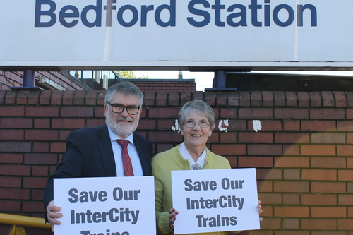 Mayor Dave Hodgson and Councillor Wendy Rider campaigning to save InterCity Trains