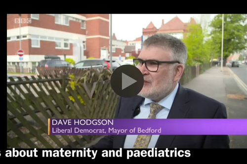 Video still of Mayor Dave Hodgson discussing Bedford Hospital