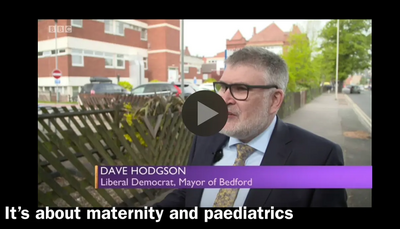 Video still of Mayor Dave Hodgson discussing Bedford Hospital