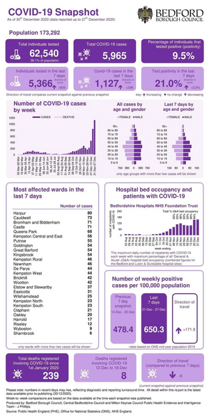 Bedford Borough coronavirus snapshot published 31 December 2020