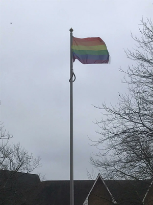 The LGBT+ flag flying at Borough Hall in Bedford