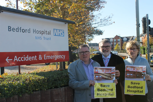 Mayor Dave Hodgson with Councillors Tim Caswell and Christine McHugh campaigning to save Bedford Hospital