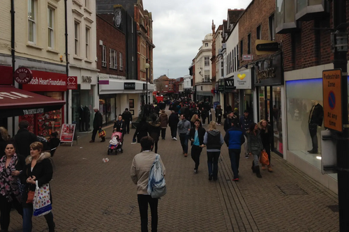 Silver Street in Bedford Town Centre on a Busy Shopping Day