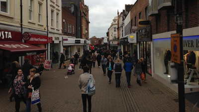 Silver Street in Bedford Town Centre on a Busy Shopping Day