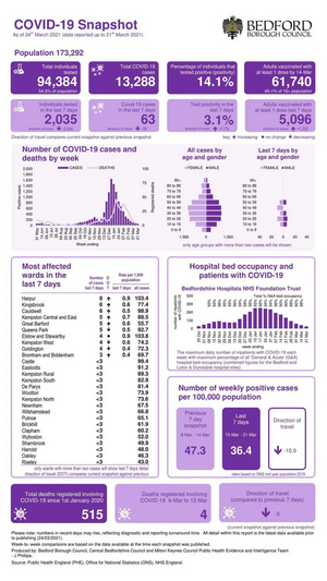 Bedford borough COVID-19 snapshot published 25 March 2021