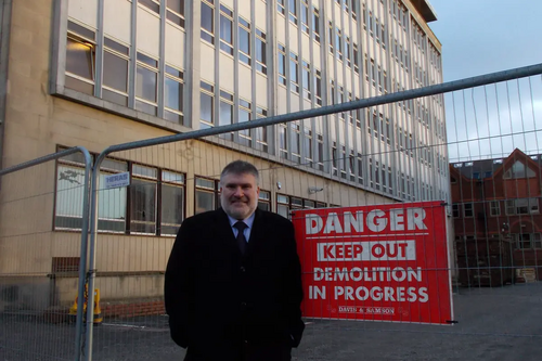 Mayor Dave Hodgson outside the Town Hall office block following commencement of demolition works