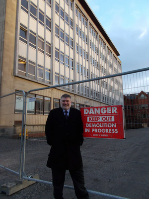 Mayor Dave Hodgson outside the Town Hall office block following commencement of demolition works