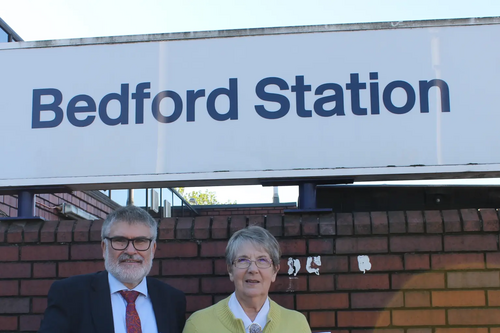 Mayor Dave Hodgson and Cllr Wendy Rider at Bedford Midland railway station