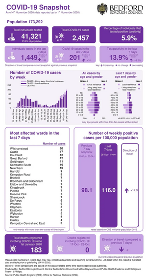 Bedford Borough coronavirus figures infographic published 5 November 2020