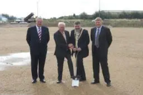 Dave Hodgson turning the sod with representatives of Lantmannen Unibake Ltd at Cambridge Road site