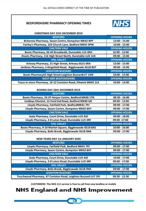 Details of Bedfordshire Pharmacy opening times Christmas and New Year 2019