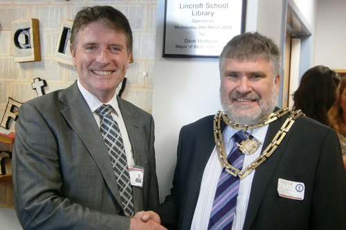 Dave Hodgson with Lincroft School Head Teacher Michael Lavelle at the opening of the school's new library