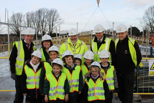 Mayor Dave Hodgson with Kempston Rural School Head Teacher Angela Stanbridge, Pupils and Representatives of Wilmott Dixon, Marking Start of Construction Phase of New School Site