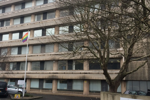 Rainbow Flag Flying at Borough Hall in Bedford