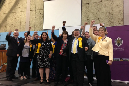 Dave Hodgson and Liberal Democrat Colleagues Celebrate his Success in the 2015 Bedford Borough Mayoral Election