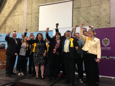 Dave Hodgson and Liberal Democrat Colleagues Celebrate his Success in the 2015 Bedford Borough Mayoral Election