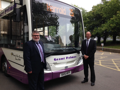 Mayor Dave Hodgson and Grant Palmer with the new bus for the Number 25 Service between Bedford and Sharnbrook