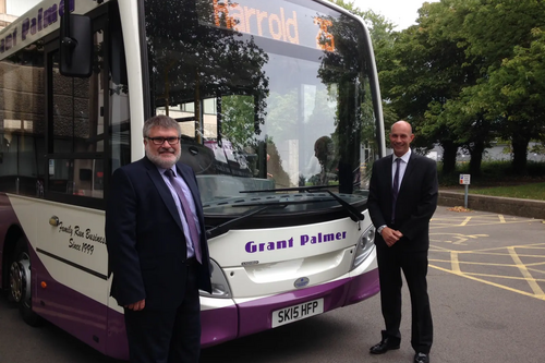 Mayor Dave Hodgson and Grant Palmer with the new bus for the Number 25 Service between Bedford and Sharnbrook