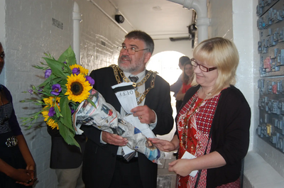 Dave Hodgson with Passageway 101 Artist Michelle Crowther at the unveiling of her artwork