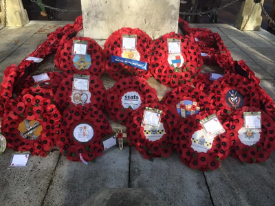 Wreaths laid at the War Memorial on The Embankment in Bedford