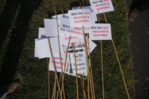 Placards from a Residents' Demo in Stewartby against the plans for an incinerator nearby