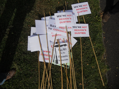 Placards from a Residents' Demo in Stewartby against the plans for an incinerator nearby