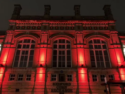 Bedford Corn Exchange lit red