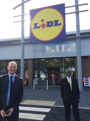 Cllr Dean Crofts and Cllr Patrick Solomon at Lidl on Rope Walk, Bedford