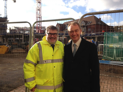 Mayor Dave Hodgson and Tim Farron by the construction site for the Riverside North Development in Bedford