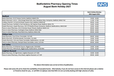 August Bank Holiday Pharmacy opening times