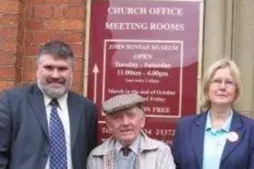 Dave Hodgson with Mr Gerard and Cllr Anita Gerard at the Bunyan Meeting House