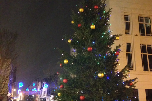 Bedford Town Centre Christmas Tree at night