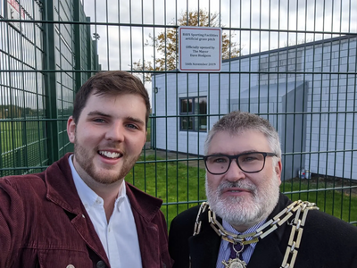 Mayor Dave Hodgson and Councillor Jake Sampson at the new 3G pitch at Mark Rutherford School