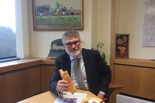 Mayor Dave Hodgson with his Bedfordshire Day Lunch of  a Bedfordshire Clanger and Piece of Chocoalate Toothpaste