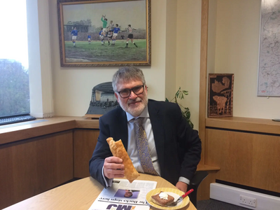 Mayor Dave Hodgson with his Bedfordshire Day Lunch of  a Bedfordshire Clanger and Piece of Chocoalate Toothpaste