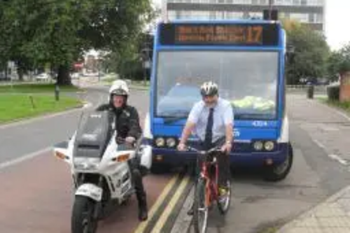 Mayor Dave Hodgson with Paddy Tyson at the Launch of Bedford's Bus Lane Use Extension Trial