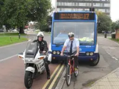 Mayor Dave Hodgson with Paddy Tyson at the Launch of Bedford's Bus Lane Use Extension Trial