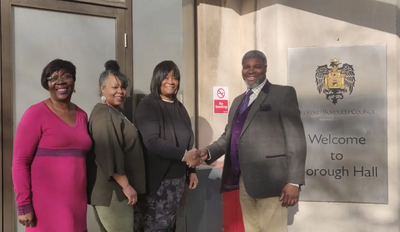 Cllr Patrick Solomon with Legacy of Windrush Descendants members Nadeen P Salmon, Pauline Stepney and Norma Hoyte