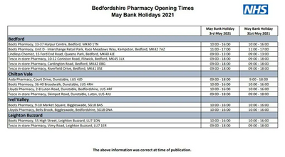 Pharmacy Opening Hours for the 2021 May Bank Holidays, Bedford Borough and Central Bedfordshire