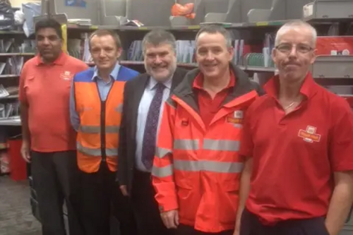 Mayor Dave Hodgson at Bedford Delivery Office with Ravi Matu, Darren Auty, James Richardson and Malcolm Swann