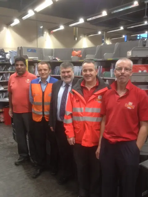 Mayor Dave Hodgson at Bedford Delivery Office with Ravi Matu, Darren Auty, James Richardson and Malcolm Swann