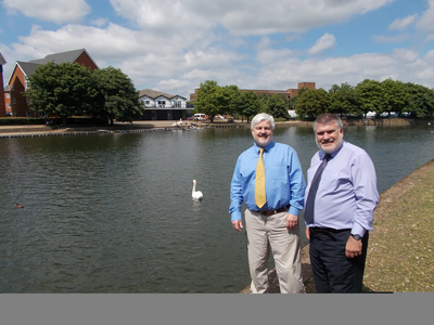 Deputy Mayor Cllr Charles Royden and Mayor Dave Hodgson in front of the location of the planned new Bedford Town Centre bridge