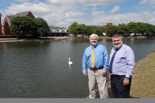 Deputy Mayor Cllr Charles Royden and Mayor Dave Hodgson in front of the location of the planned new Bedford Town Centre bridge